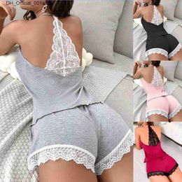 Sexe Set Womens Pyjama Underwear 2 en dentelle lisse pyjamas Casual Italian Noodle Sans manches Top Q240426