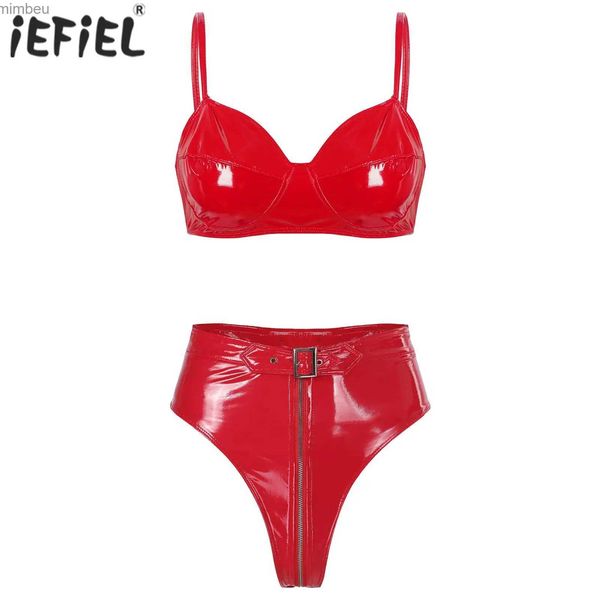 Ensemble sexy pour femme en cuir verni effet mouillé Clubwear Lingerie intime sexy Ensemble de sous-vêtements Soutien-gorge sans fil avec slip haute à fermeture éclair sur le devant L240122