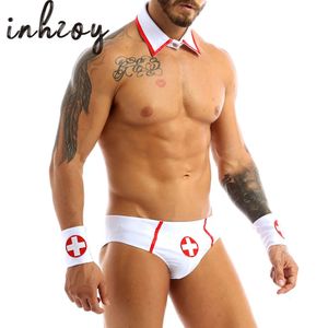 Conjunto sexy XXL Hombres Uniforme erótico Doctor Enfermera Traje de juego de rol sexy Trajes Calzoncillos con cuello y puño de cruz roja Conjunto Sissy Crossdresser 231123