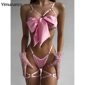 Yimunancy – ensemble de Lingerie 3 pièces avec nœud découpé, 4 couleurs, ensemble érotique mignon en Satin, sous-vêtements solides, vêtements de nuit