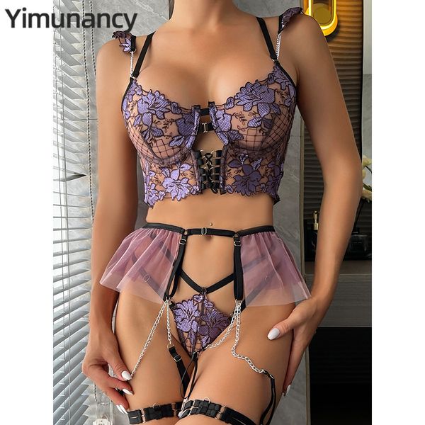 Conjunto sexy Yimunancy Conjunto de lencería con bordado floral de 3 piezas Conjunto de liga breve vintage de retazos de malla Conjunto erótico sexy 230426