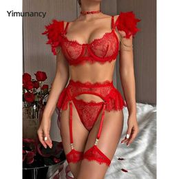 Yimunancy – ensemble de Lingerie Sexy de luxe pour femmes, 4 pièces, ras du cou, épaules dénudées, ensemble érotique en dentelle, Kit porte-jarretelles