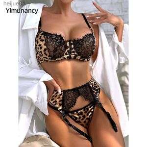 Sexy Set Yimunancy Luipaard Print Kant Patch Werk Ondergoed Set Womens Gothic Bh + Ondergoed Set Sexy en Sexy kousenband C24325