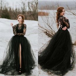 Sexy Sheer Black Lace Tulle Robe De Mariée Gothique Avec Manches Longues Top Fente Jupe Femmes Non Blanc Robe De Mariée Robe De Mariée228p