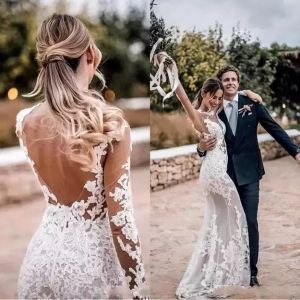 Sexy pure Boheemse trouwjurken schede lange mouwen lange mouwen kanten toegewezen backless strand boho bruidsjurken bc