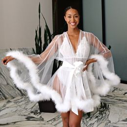 Sexy Pure Bruidsgewaad Kimono Bont Lingerie voor Bruiloft Nachtkleding Veer Korte Dames Badjas Lange Mouw met Riem Onderkleding