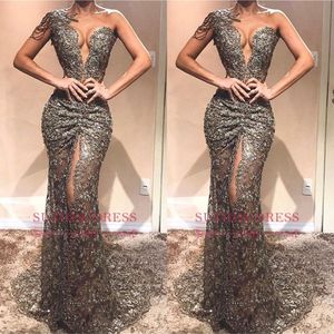 Sexy Sheer Kant Prom Dress Diepe V-hals Avondjurken Sexy High Slit One Shoulder Formal Party Gown Plus Size BC0568