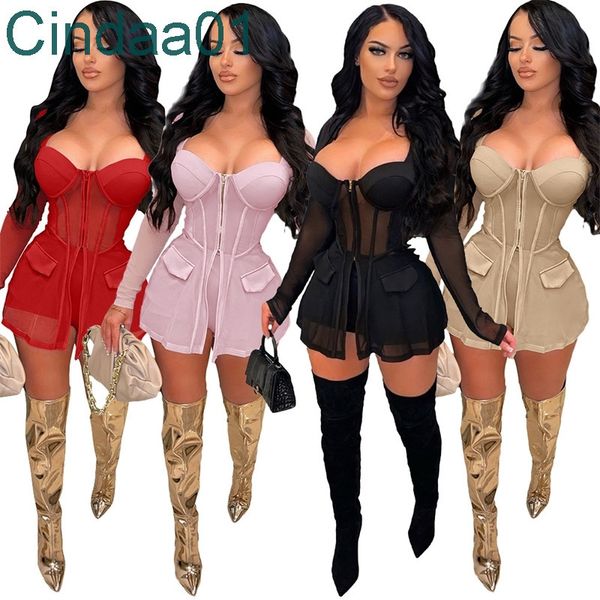 Chándales de dos piezas de malla transparente sexy para mujer, camisas de manga larga, Top corto y pantalones cortos, traje de blusa, trajes de fiesta de club nocturno