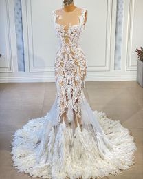 Robes de mariée sirène, Sexy, col transparent, robes de mariée de luxe avec des appliques en dentelle et des plumes, 2021, 2999