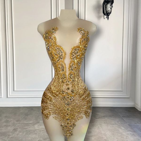 Sexy pure voir à travers la fille noire robe de bal courte diamant doré luxe perlé cristal robes de soirée de cocktail pour anniversaire 240220