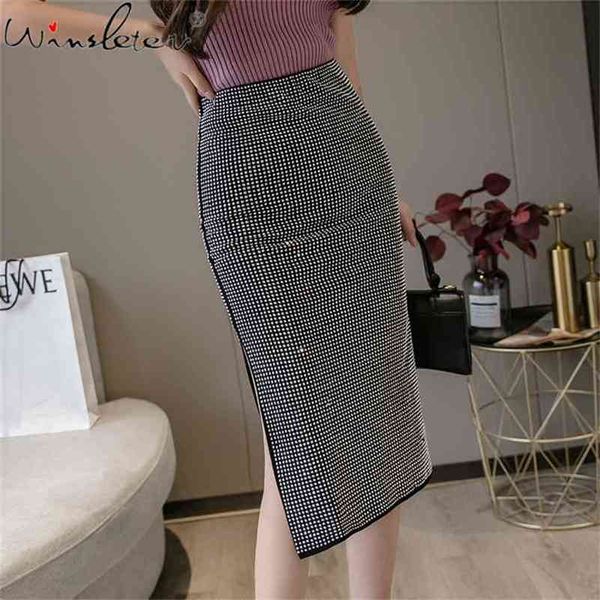 Sexy brillant noir tricot Midi jupes femmes été taille haute élastique fendu jupe mode dame fête Faldas Mujer B04917B 210421