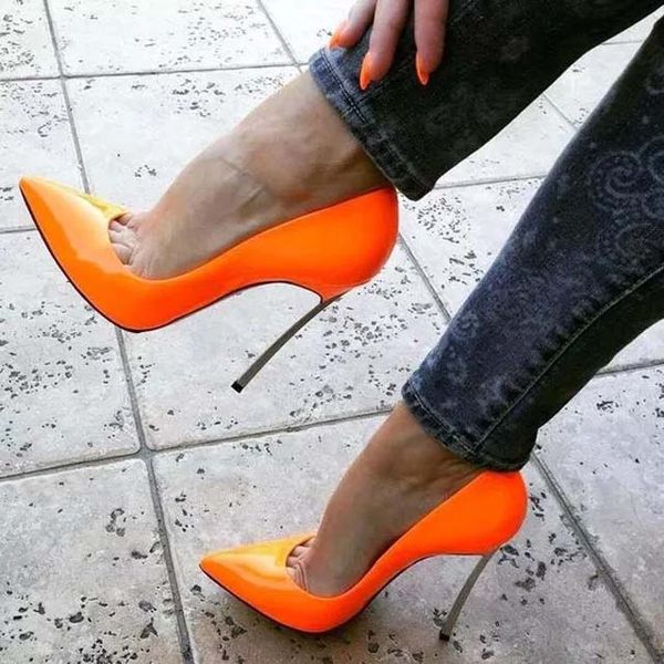 Sexy cuir brillant talon métallique chaussures habillées simples talons aiguilles femmes mariage bout pointu lame pompes dames sans lacet bal bal parti chaussure