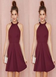 Sexy Cocktail Farty Dresses 2017 Halter Backless Borgoña Una línea sobre la rodilla Longitud de la rodilla Prom Homecoming Women Women F4292895