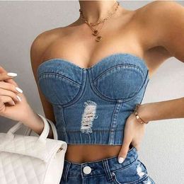 Sexy Short Denim Halter Crop Top Dames Vintage Zomer Tops Vrouw Croptop Party Club Outfits Womens Tank Top T-shirt Bustier 2022 G220414