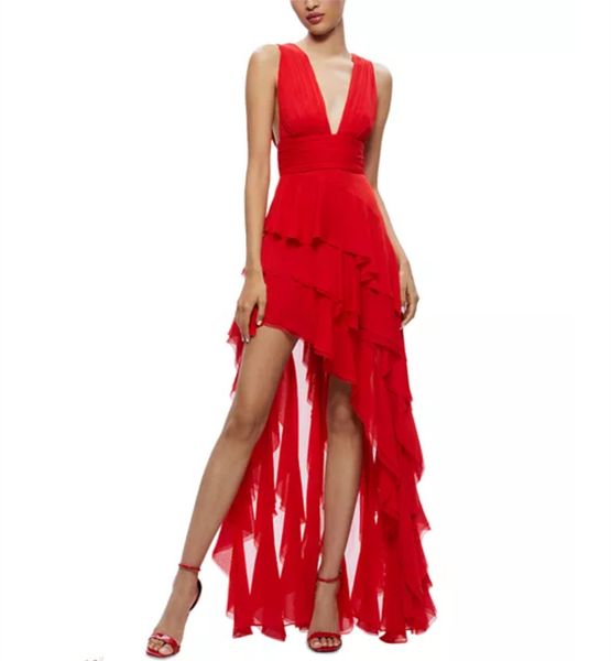 Robe de bal courte en mousseline de soie rouge, Sexy, avec volants, asymétrique, plissée, robe de soirée Maxi formelle pour femmes
