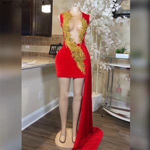 Sexy korte rode prom -jurken pure nek gouden kralen kristal verjaardagsfeestje jurk staart honecoming jurken gewaad de bal