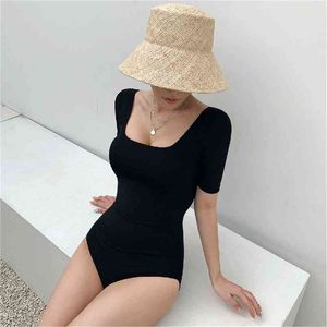 Sexy Korte Mouw Zwempak Vrouwen Solid Swimwear Open Back Monokini Cut Out Swim Suit Korea Bading Push Up Pad 210702