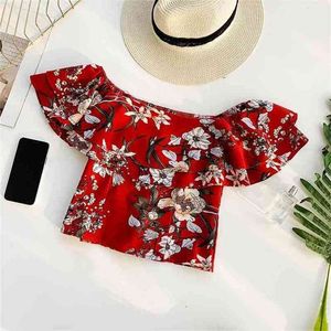 Sexy Korte Tops Zomer Mouw Vintage Bloemen Gedrukt Crop Fashion Bohemen Lotus Blad Edge Tanks 210525