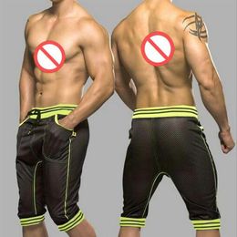 Pantalones cortos sexys para hombres Net Sheer Fashion Mens Harem Capri Sport Athletic Ver a través de pantalones pantalones de joggadores de gimnasio de gimnasio268c