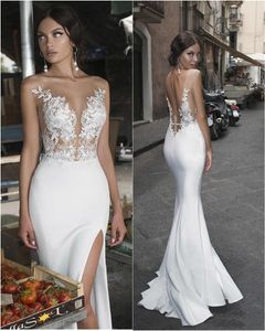 Sexy zijde 2021 Split Lace Appliques Illusion Beach Bridal Dress Satin Boheemse formele jurkmantel trouwjurken es