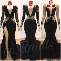 Sexy Side Slees Black Prom Dresses Mermaid V-hals Gouden kant applique plunging plus size op maat gemaakte lange mouwen Formele avond feestjurken