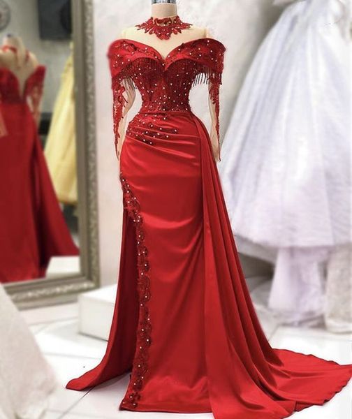 Sexy Side Slit Long Robes de bal avec des applications de dentelle de jupe détachable perles de l'épaule Robe de soirée rouge foncé pour femmes Robe d'occasion spéciale de fête de concours