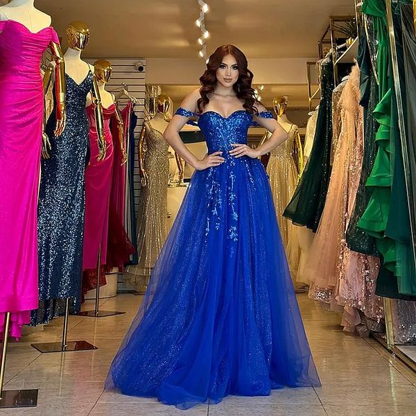 Robe de bal bleu royal sexy avec fente latérale, épaules dénudées, appliques en dentelle, paillettes, longueur au sol, robes de fête d'anniversaire, longue robe de soirée pour occasions spéciales pour femmes