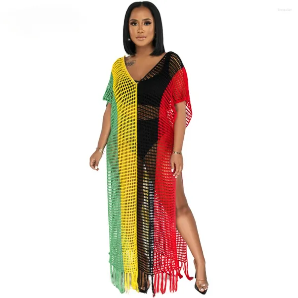 Sexy Side Split Hollow Out Pild Out Dress Femme Summer Treen Cover Up Masswear Fashion Multi Color Patchwork Crochet Beach