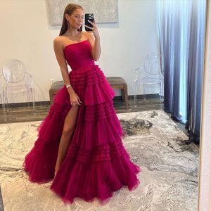 Robe de bal longue fuchsia fendue sur le côté, sans bretelles, longueur au sol, ligne A, robe de soirée d'anniversaire pour femmes et filles noires, tenue de soirée pour occasions spéciales