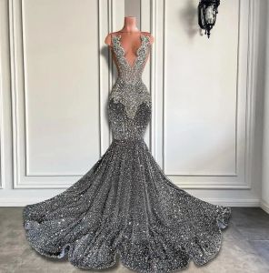 Sexy Sier longue paillettes scintillantes sirène robes de bal pure col rond perles cristaux diamant noir fille robes de soirée 0304