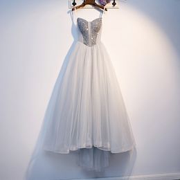 Sexy Silver Grey Prom Dresses Sweep Trein Fonkelende Pailletten Kralen Top Tule Avondjurken