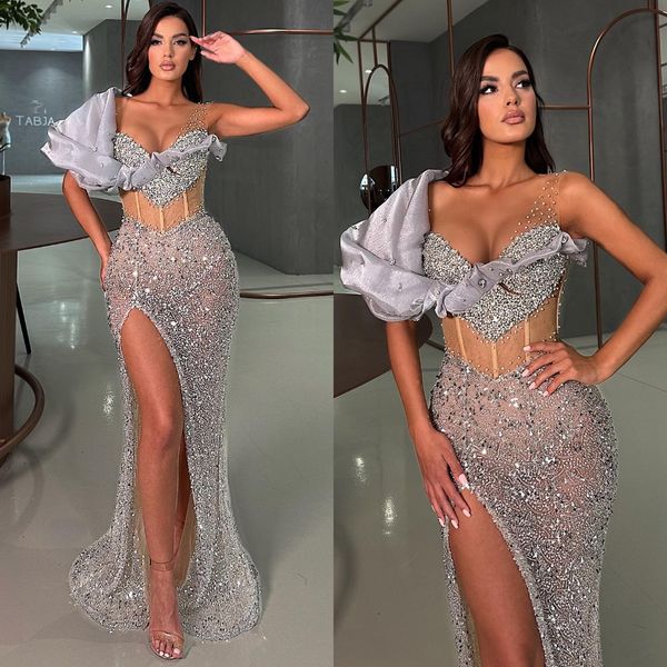 Sexy Silver Grey Mermaid Vestidos de noche Beads V Neck Formal Party Prom Dress Split Red Carpet Vestidos largos para ocasiones especiales