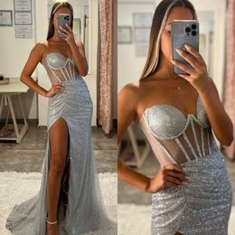 Sexy Zilveren Prom Jurken Sweetheart Bone Lijfje Glitter Party Avondjurken Split Formele Lange Speciale Gelegenheid jurk