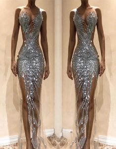 Sexy Silver Sequins Mermaid Mermaid Formal Prom Dresses 2019 Custome Singless Sheer Side Side Fiest Farty Fiests 2489612