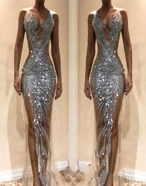 Sexy Silver Sequins Mermaid Mermaid Formal Prom Dresses 2019 Custome Singless Sheer Side Side Fiest Farty Fiests 2489612