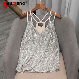 Sexy Argent Paillettes Sans Manches Sling Gilets pour Femmes Survêtement Femmes À La Mode Paillettes Brillant Dos Nu Gilet Top pour Soirée 220519