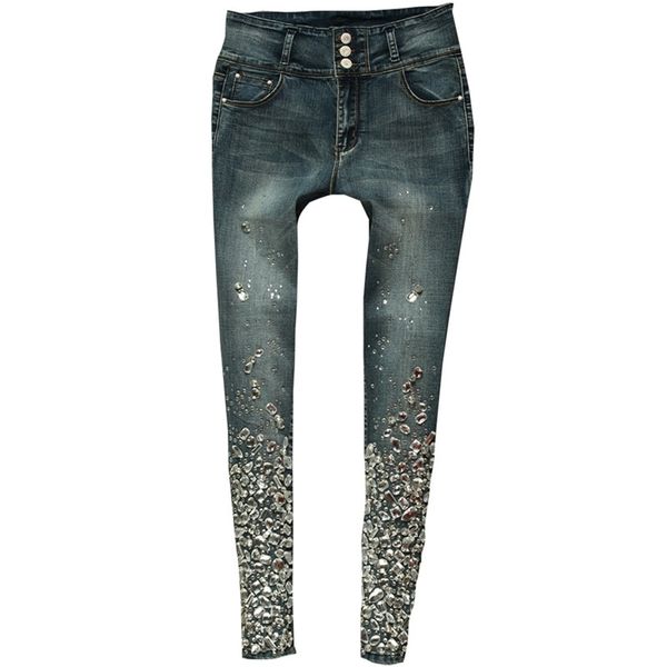 Sexy Skinny Jeans Taille Haute Crayon Stretch Pantalon De Luxe Diamant Perlé Strass Noir Élastique Denim Jeans Pantalon Taille 40 201030