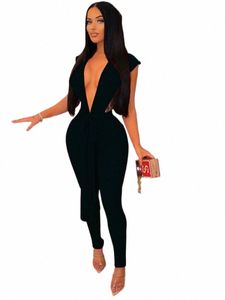 Skinny V-Neck Jumpsuit Femmes Hollow Out Lace Up Strings Baddies BodySuit Sautport Tenue de club Set 834S # #