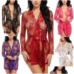 Jupe sexy Soutien-gorge Ensembles Femmes Y Lingerie See-Through Mesh Vêtements de nuit Dentelle Transparent Printemps et été Femmes Robe Peignoirs Drop Deliver Otn8Q