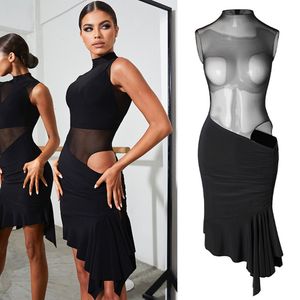 Jupe Sexy Irrégulière Maille Découpe Robe De Danse Latine Sexy Noir Sans Manches Robe Latine Compétition Costumes De Danse Robes Robe Salsa SL7269 230511