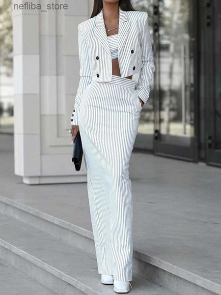 Sexy falda mueyaruho 2023 Outumn Winter Women Office Lady Striped Maxi Falda Set White Outfits Fodycon Slim 2 Two Pieces Matching Suits L410