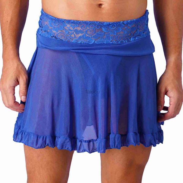 Jupe sexy Ensemble sexy Hommes sexy portant des sous-vêtements en maille mini-jupe taille haute de couleur unie avec dentelle G-string et peau ébouriffée 24326