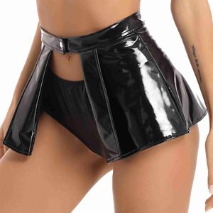 Falda sexy Faldas Minifalda de cuero de látex suave para mujer de moda con falda frontal abierta de apariencia húmeda con un botón adecuada para disfraces de carnaval de club 24326