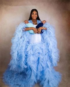 Sexy bleu ciel incroyable grande taille Robes de maternité Robes sur mesure longues femmes transparent voir à travers Tulle Robes de soirée de bal