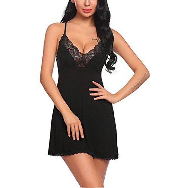 Vêtements de nuit sexy femmes dentelle Lingerie nuit Mini robe col en V profond nuisette érotique chemise de nuit vêtements de nuit vêtements