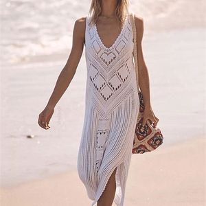 Sexy Sans Manches Bikini Cover-ups Blanc Crochet Tunique Tricoté D'été Plage Dres Beach Wear Maillot De Bain Cover Up Q1299 220408