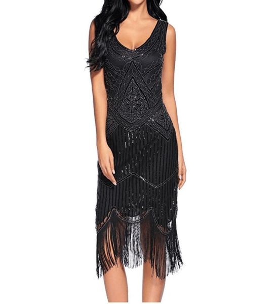 Sexy sans manches Royal Black Broiderie Fringe Great Gatsby Party Robe Femme 1920s Robe Pestiin Per perle Tassels Hem Flapper Dress8974000