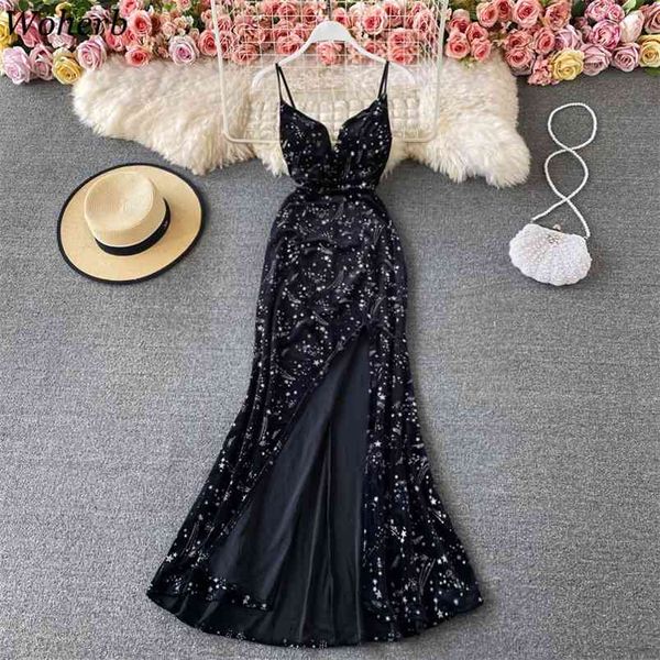 Sexy Slim Bodycorn Dress Coréen Spaghetti Strap Split Side Paillettes Glitter Robes Summer Party Night Club Vestidos 210519