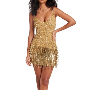 Sexy Slim Fit Diepe V-hals Bretels Jurk Vrouwen Elegante Glitter Gouden Pailletten Splice Kwasten Zoom Jurk Dames Prestaties chic