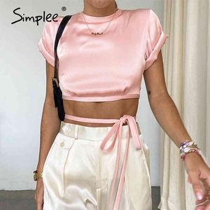 Sexy Slim Fit Dames Roze Zachte Comfortabele Lace Up Hoge Taille Crew Top Night Club Party Kleding Dames 210414